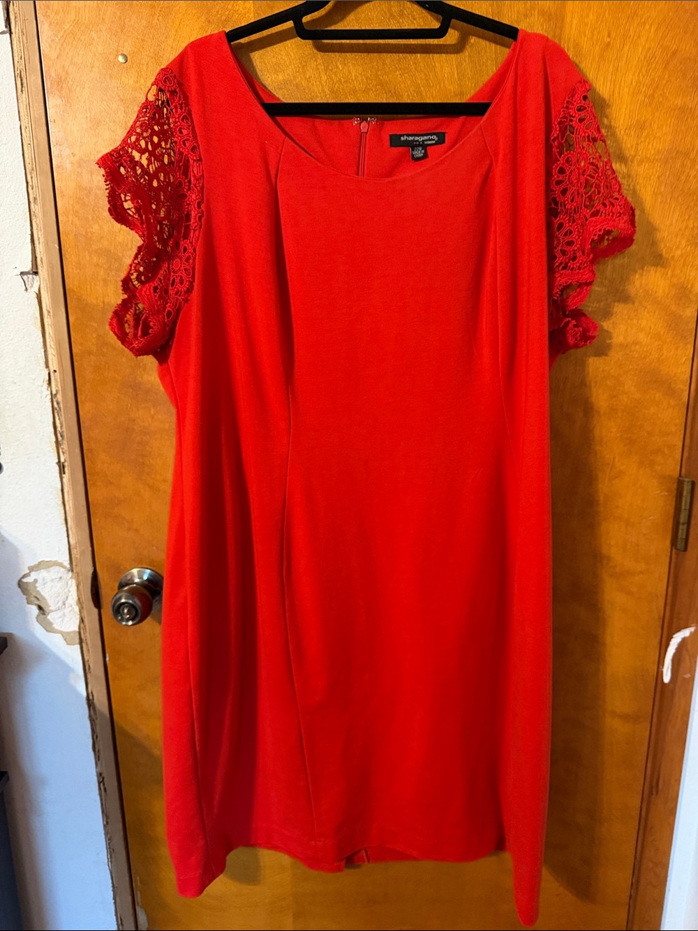 Sharagano Bright Red Crochet Sleeve Midi Dress